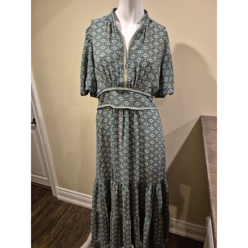 Max Studio Midi Dress Size M Green Floral Pattern Flowy‎ Modest Autumn Boho EUC